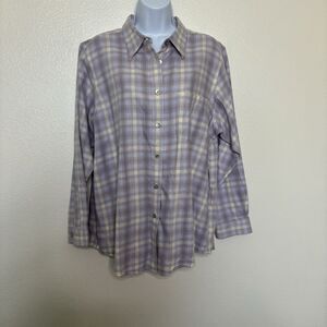 LL Bean Shirt Womens 1x Purple Plaid Flannel Button Front Pocket Cotton